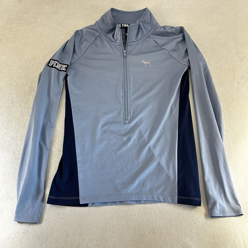 Victoria's Secret PINK Sz Medium Long Sleeve 1/2 Zip Pullover Light Blue/Navy